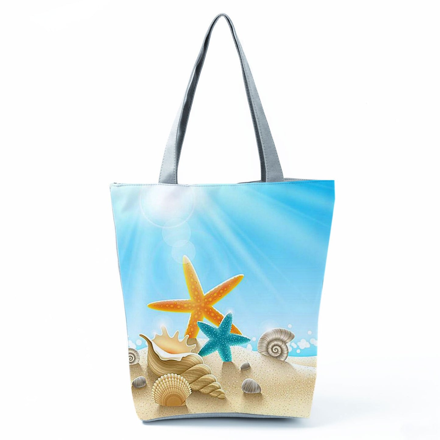 Ocean Shell Print Tote Bag Shoulder Bag Practical Casual Tote Foldable Reusable Shopping Bags High Capacity Portable Beach Bag