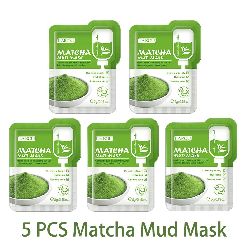 LAIKOU 5pcs Mud Mask Clay Mask Sakura Matcha Eggplant Tea Tree Mung Bean Oil-Control Deep Cleansing Whitening Facial Skin Care