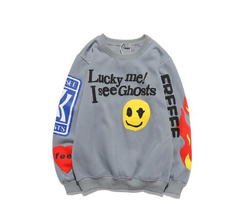 Harajuku Retro Smiley Flame Print Round Neck Sweatshirts Men and Women Plus Velvet Streetwear Fleece Hoodie Pullover