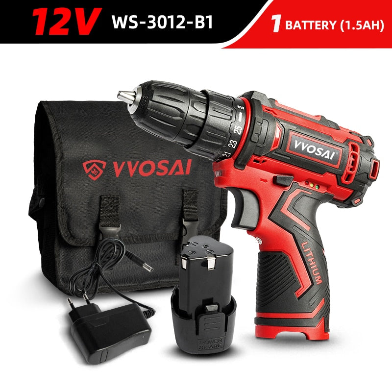 VVOSAI 12V 16V 20V Cordless Drill Electric Screwdriver Mini Wireless Power Driver DC Lithium-Ion Battery 3/8-Inch