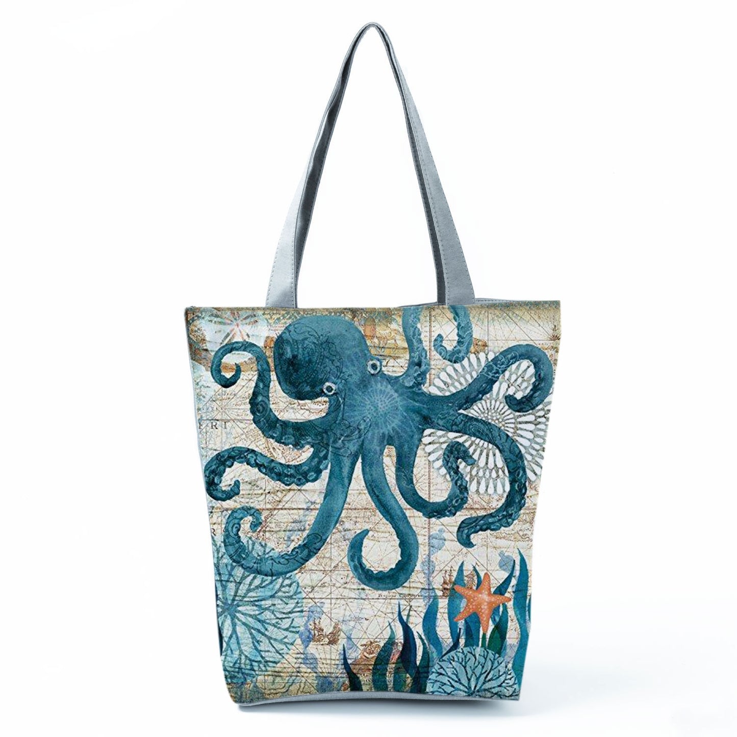 Ocean Shell Print Tote Bag Shoulder Bag Practical Casual Tote Foldable Reusable Shopping Bags High Capacity Portable Beach Bag