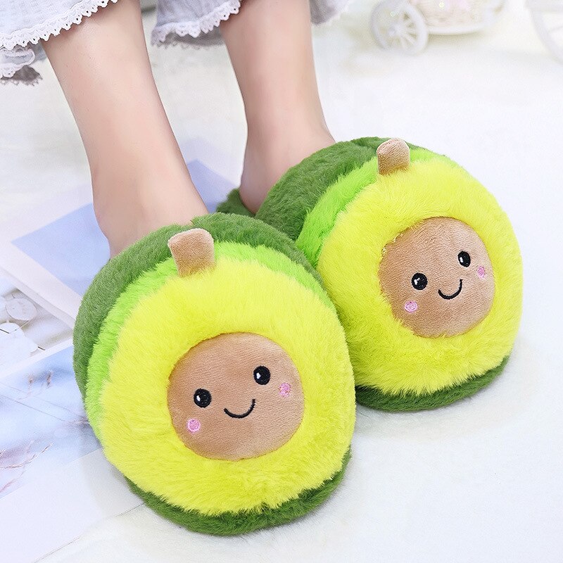 Winter House Women Fur Slippers Cute Cartoon Avocado Design Green Bedroom Ladies Plush Shoes Indoor Girls Warm Slippers