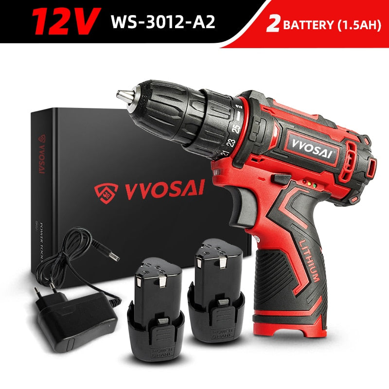 VVOSAI 12V 16V 20V Cordless Drill Electric Screwdriver Mini Wireless Power Driver DC Lithium-Ion Battery 3/8-Inch