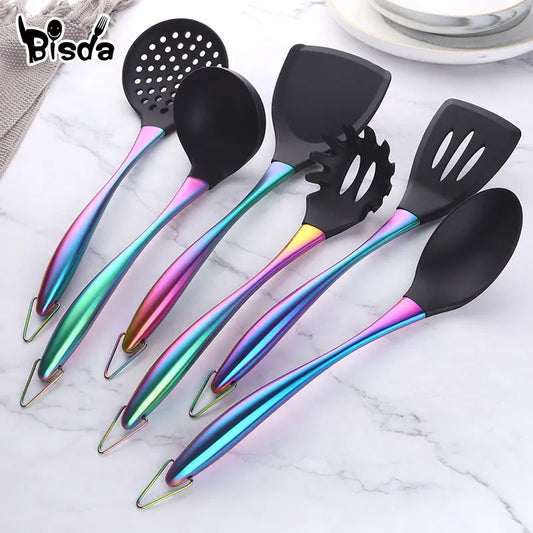 1-7PCS/Set Silicone Cooking Tool Set Rainbow Cookware Kitchen Utensils Non-stick Soup Ladle Spatula Steel Handle With Holder