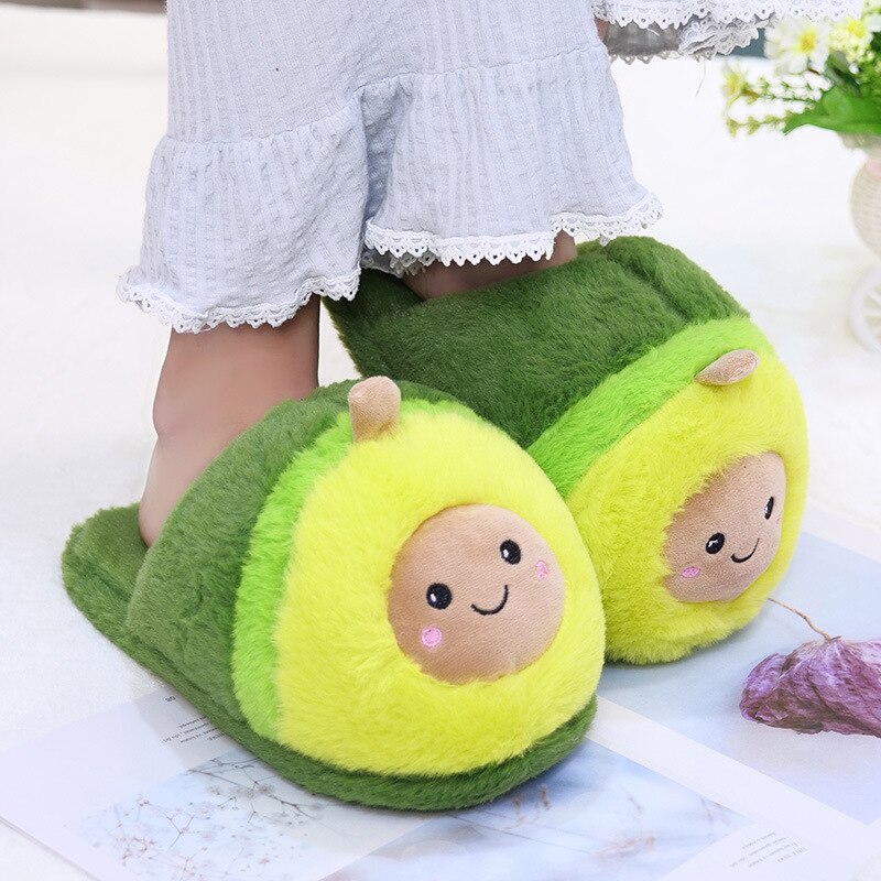 Winter House Women Fur Slippers Cute Cartoon Avocado Design Green Bedroom Ladies Plush Shoes Indoor Girls Warm Slippers