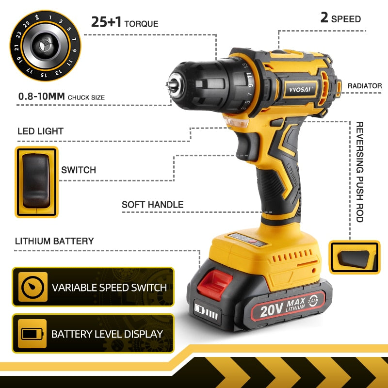 VVOSAI 20V Brushless Electric Drill 50NM Cordless Screwdriver Lithium-Ion Battery Mini Electric Power Screwdriver MT-Series Tool