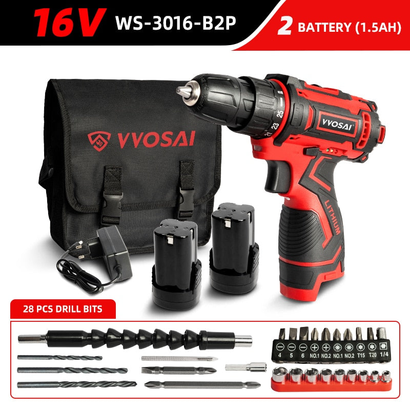 VVOSAI 12V 16V 20V Cordless Drill Electric Screwdriver Mini Wireless Power Driver DC Lithium-Ion Battery 3/8-Inch