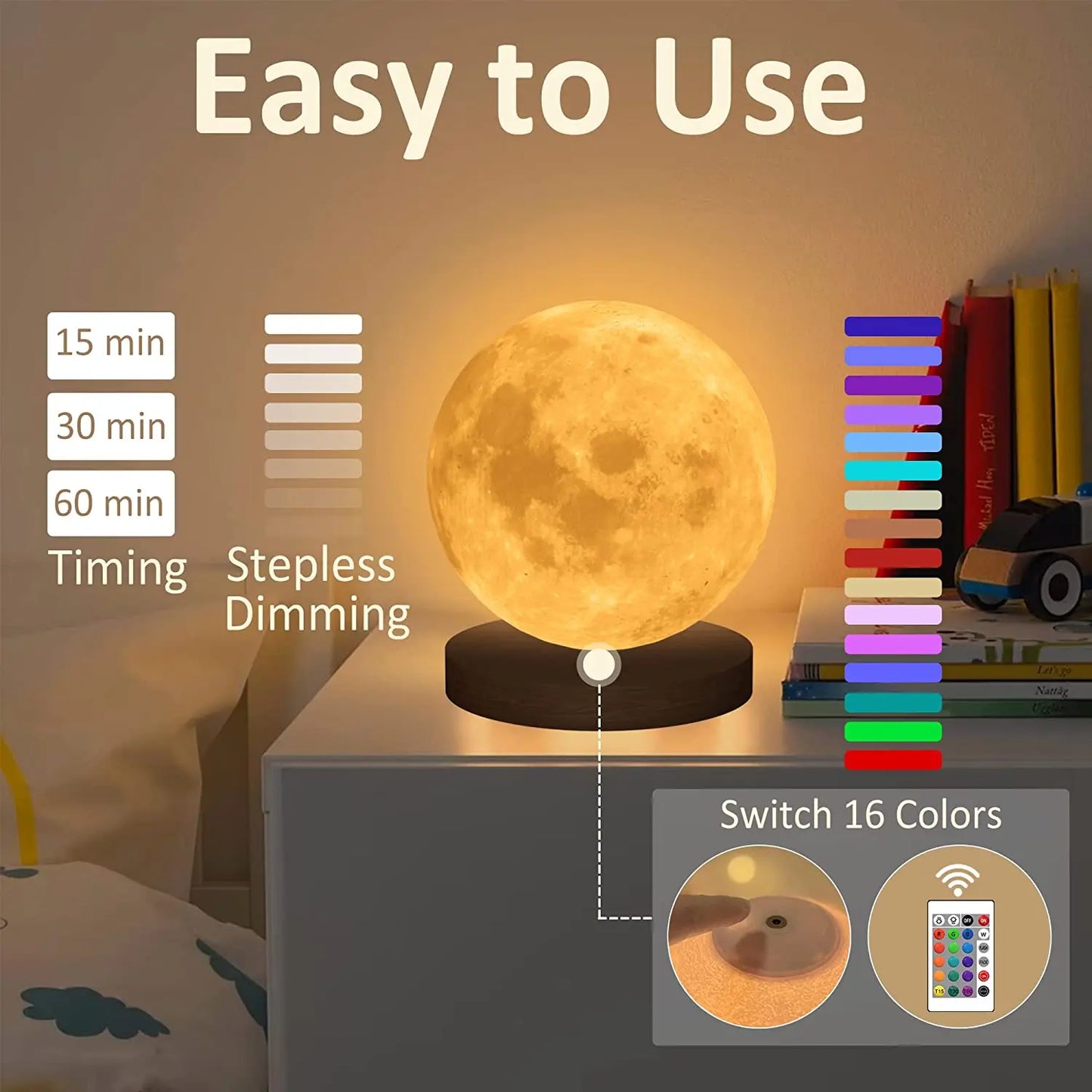 16 Colors Creative 3D Led Moon Night Lamp 360° Rotating Lunar Night Light for Home Office Room Touch Control Desktop Moon Lamp