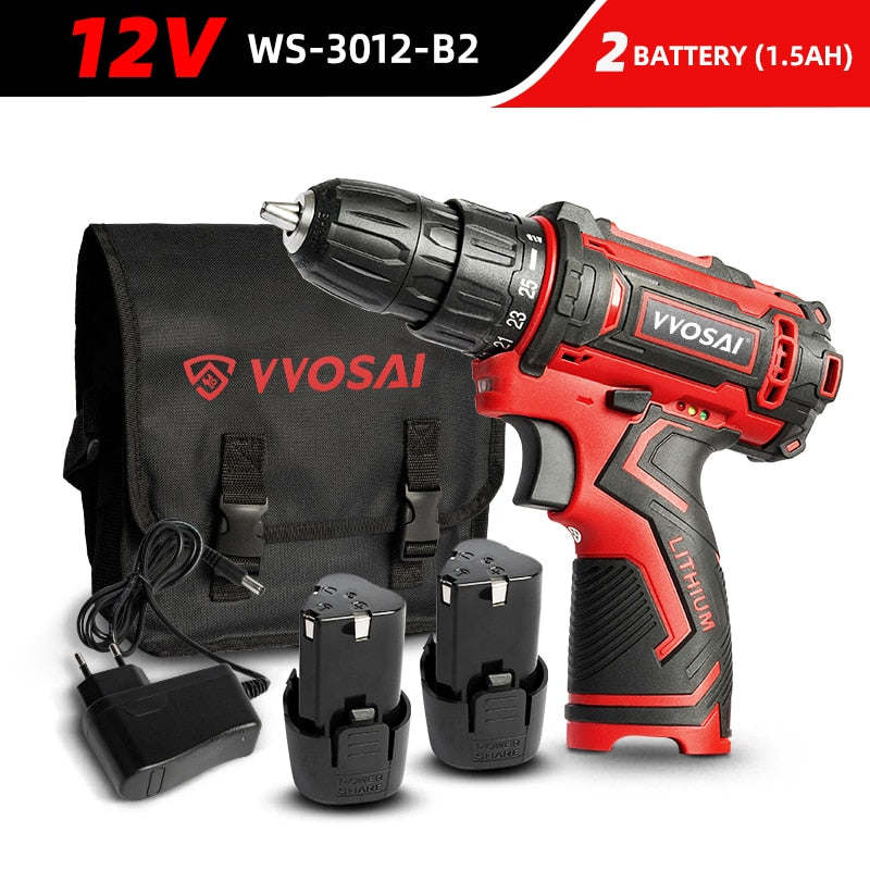 VVOSAI 12V 16V 20V Cordless Drill Electric Screwdriver Mini Wireless Power Driver DC Lithium-Ion Battery 3/8-Inch