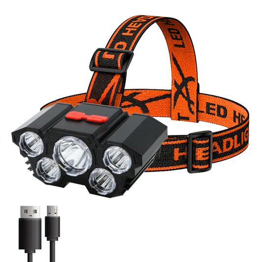 5 LED Flashlight Rechargeable with Built in 18650 Battery Strong Light Camping Adventure Fishing Head Light Headlamp