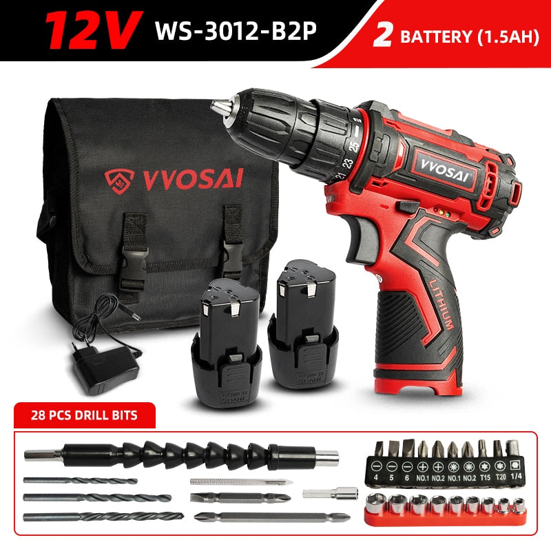 VVOSAI 12V 16V 20V Cordless Drill Electric Screwdriver Mini Wireless Power Driver DC Lithium-Ion Battery 3/8-Inch