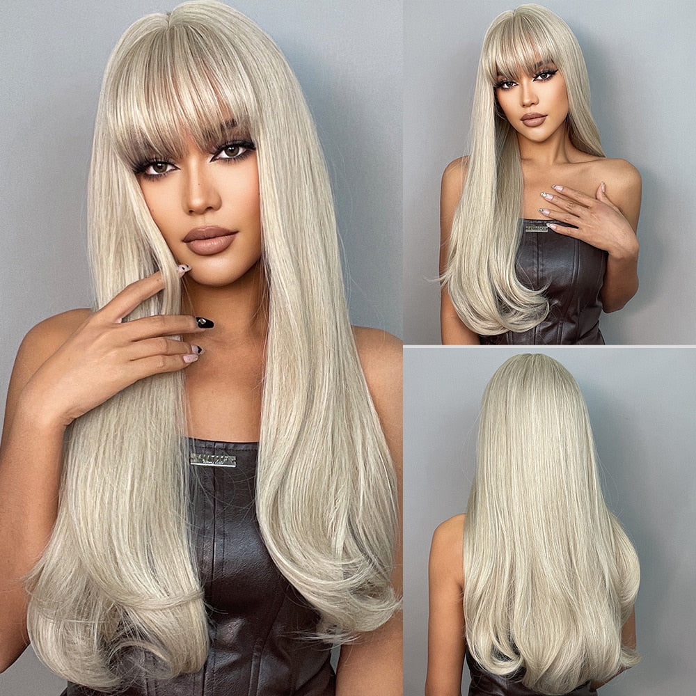 EASIHAIR Grey Ombre Wavy Wigs Long Synthetic Wigs for Women Wigs with Bangs Natural Hair Wigs Heat Resistant Cosplay Wigs