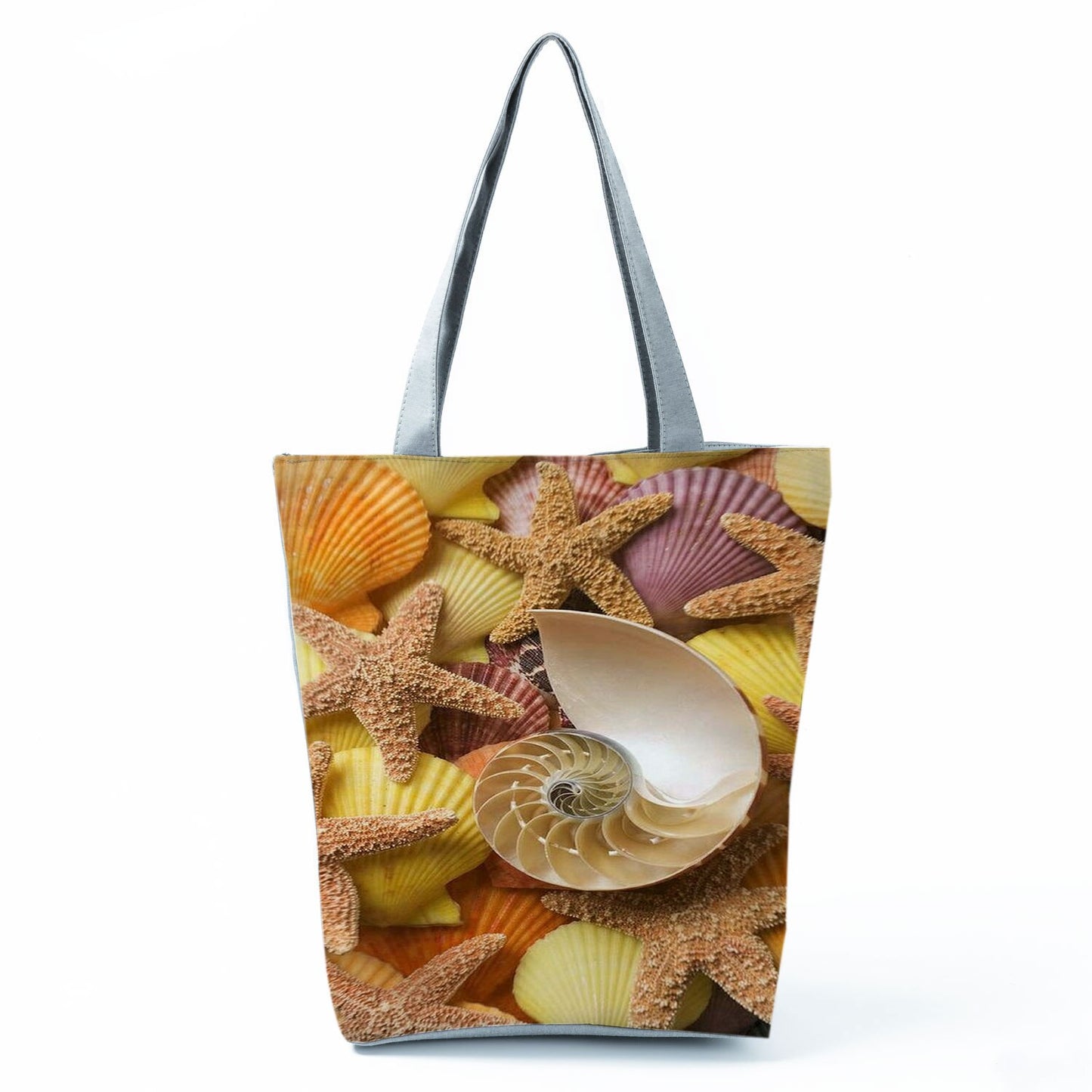 Ocean Shell Print Tote Bag Shoulder Bag Practical Casual Tote Foldable Reusable Shopping Bags High Capacity Portable Beach Bag