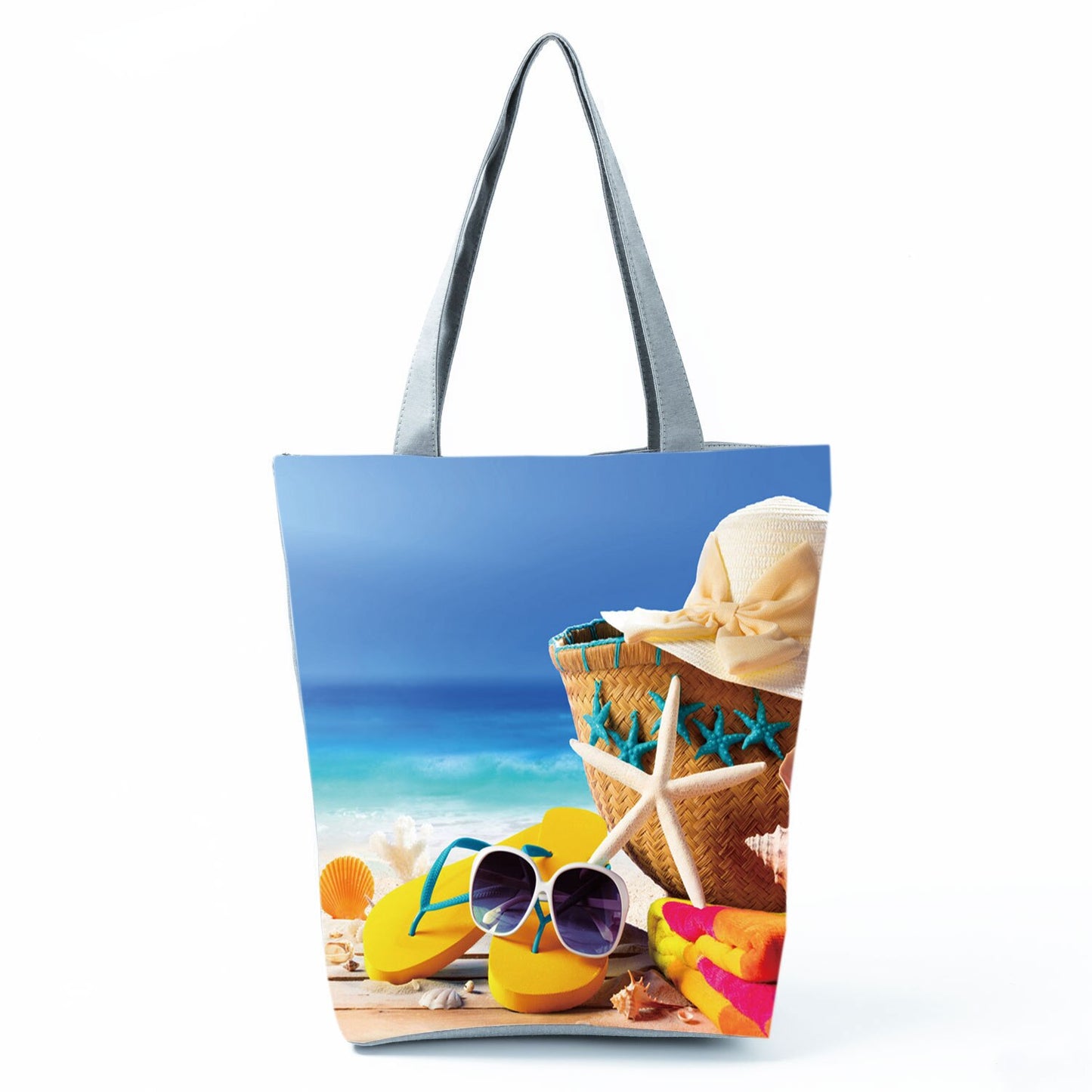 Ocean Shell Print Tote Bag Shoulder Bag Practical Casual Tote Foldable Reusable Shopping Bags High Capacity Portable Beach Bag