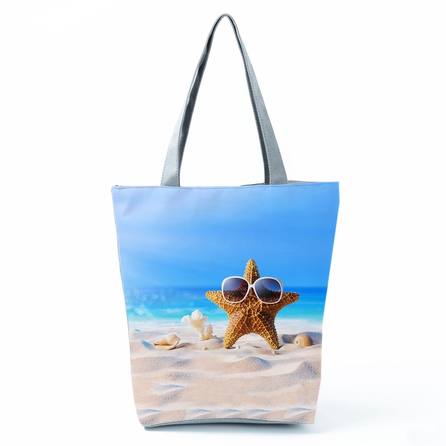 Ocean Shell Print Tote Bag Shoulder Bag Practical Casual Tote Foldable Reusable Shopping Bags High Capacity Portable Beach Bag