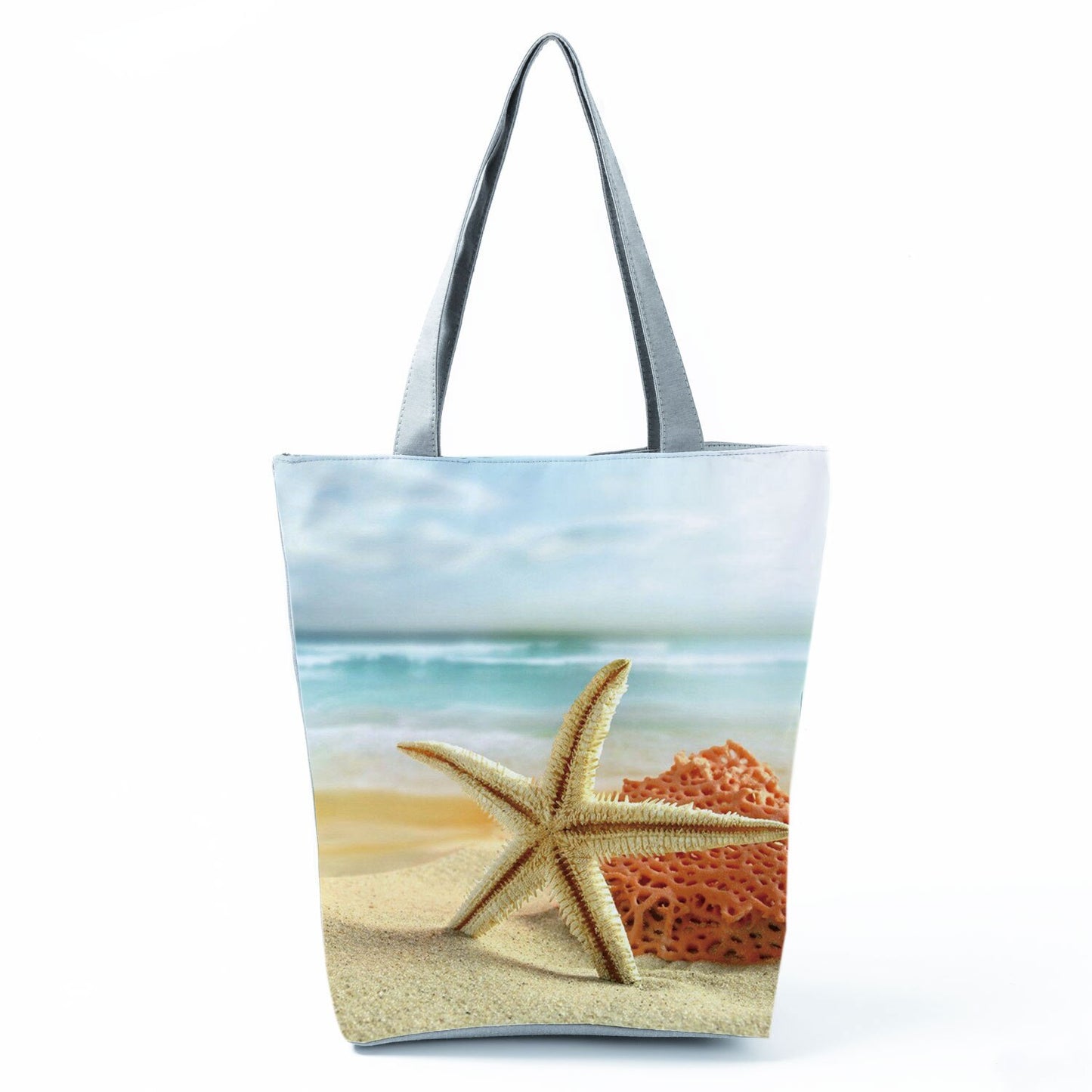 Ocean Shell Print Tote Bag Shoulder Bag Practical Casual Tote Foldable Reusable Shopping Bags High Capacity Portable Beach Bag