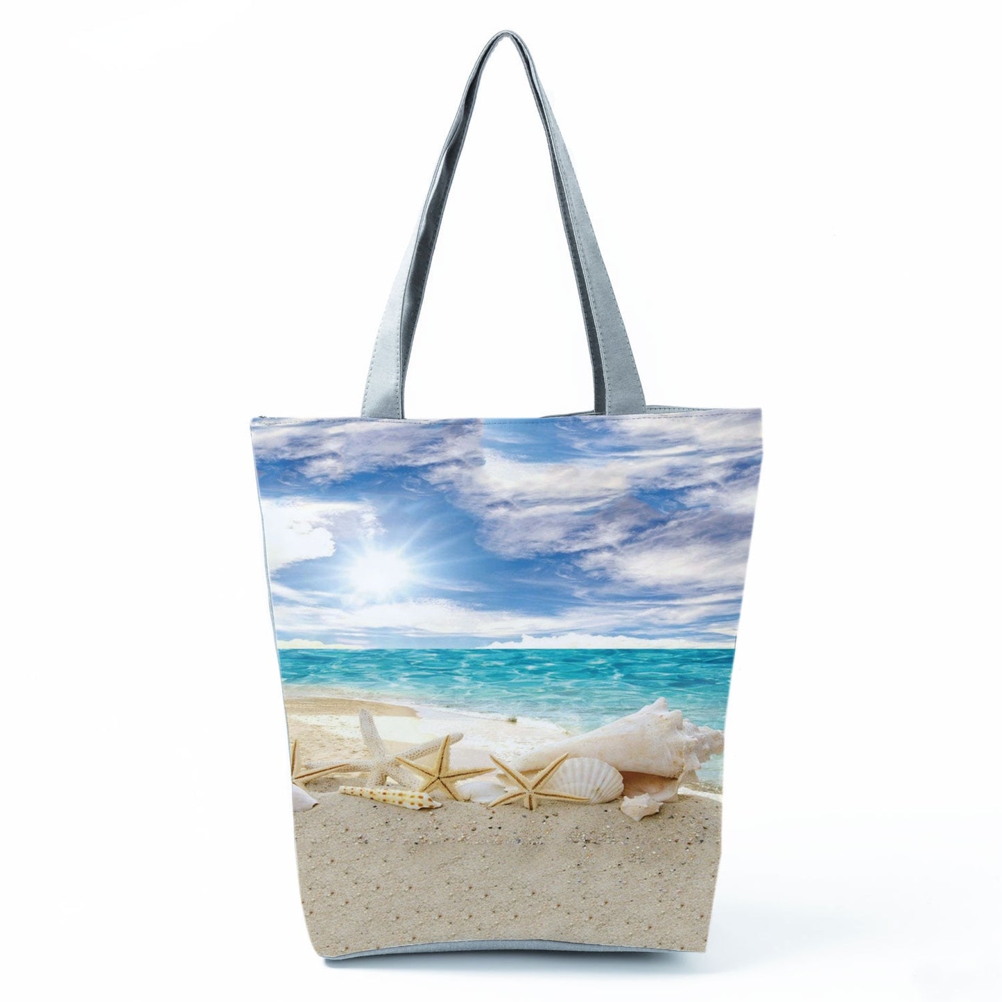 Ocean Shell Print Tote Bag Shoulder Bag Practical Casual Tote Foldable Reusable Shopping Bags High Capacity Portable Beach Bag