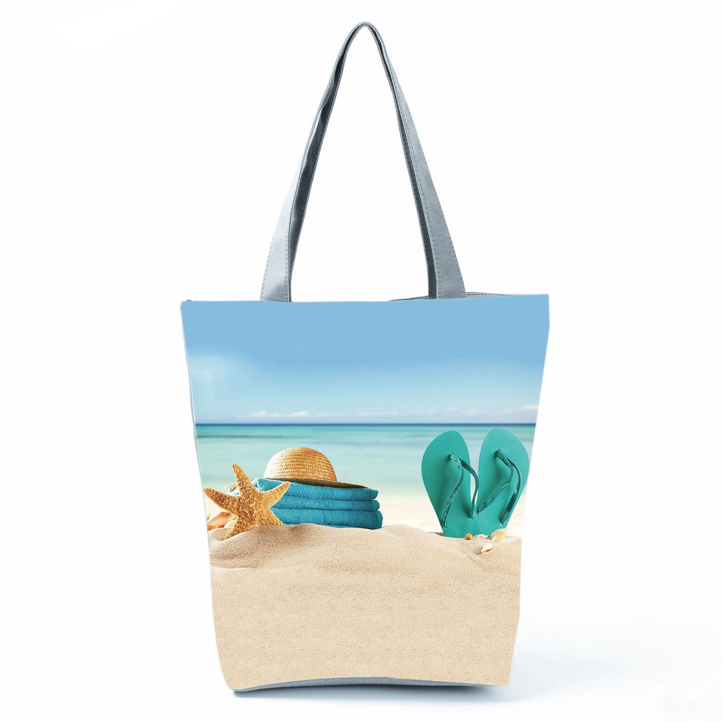 Ocean Shell Print Tote Bag Shoulder Bag Practical Casual Tote Foldable Reusable Shopping Bags High Capacity Portable Beach Bag