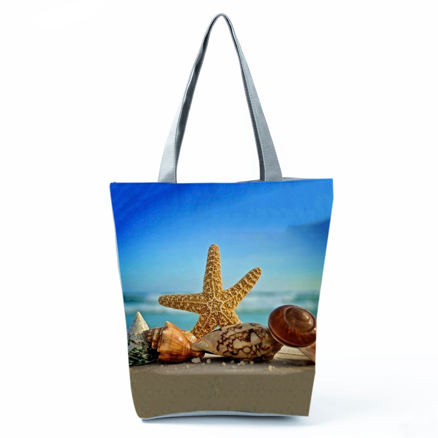 Ocean Shell Print Tote Bag Shoulder Bag Practical Casual Tote Foldable Reusable Shopping Bags High Capacity Portable Beach Bag