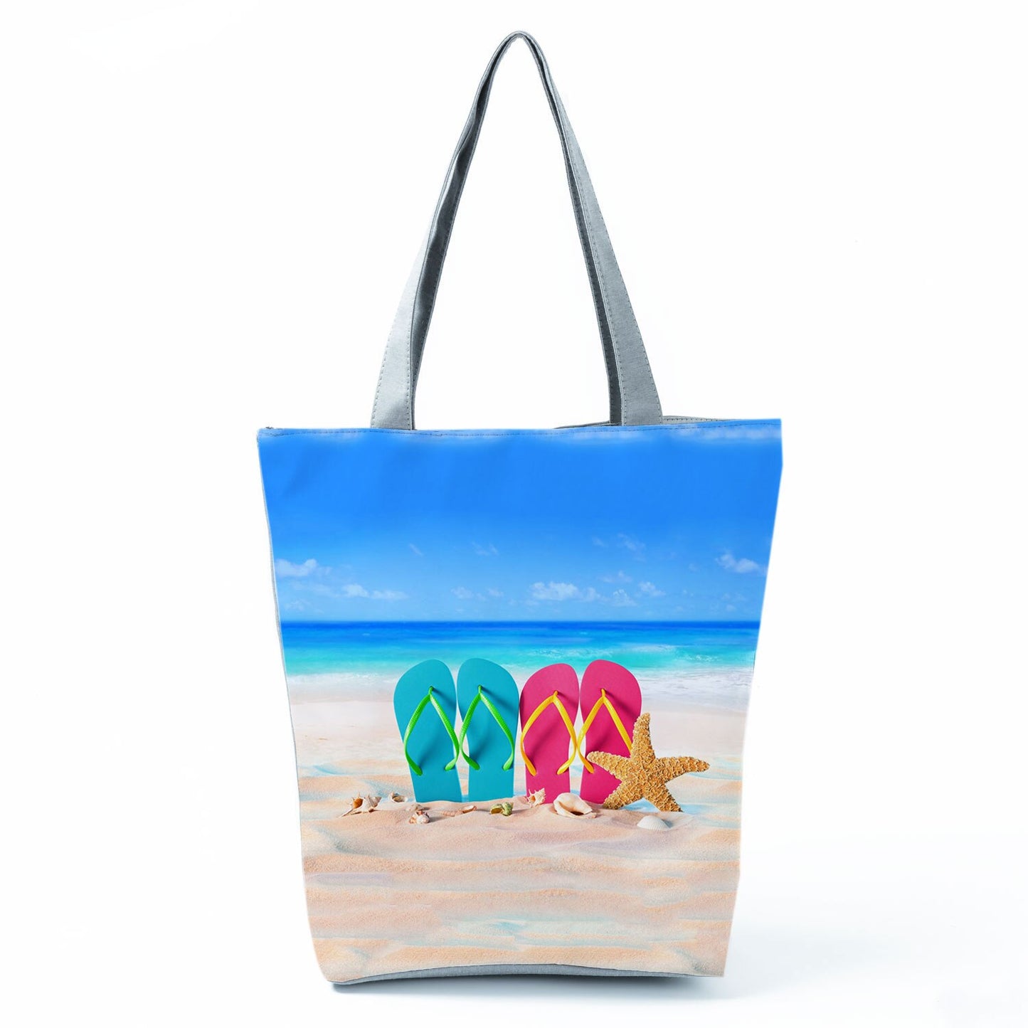 Ocean Shell Print Tote Bag Shoulder Bag Practical Casual Tote Foldable Reusable Shopping Bags High Capacity Portable Beach Bag