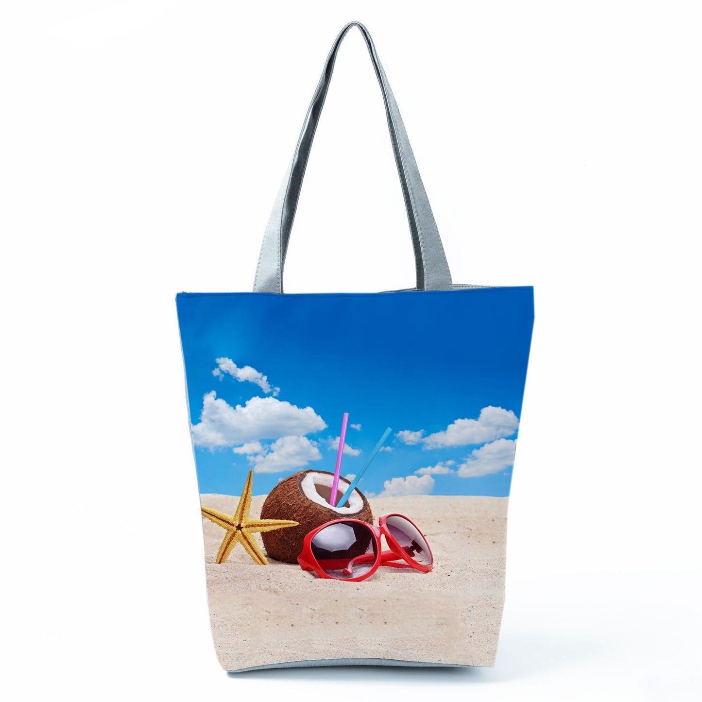 Ocean Shell Print Tote Bag Shoulder Bag Practical Casual Tote Foldable Reusable Shopping Bags High Capacity Portable Beach Bag