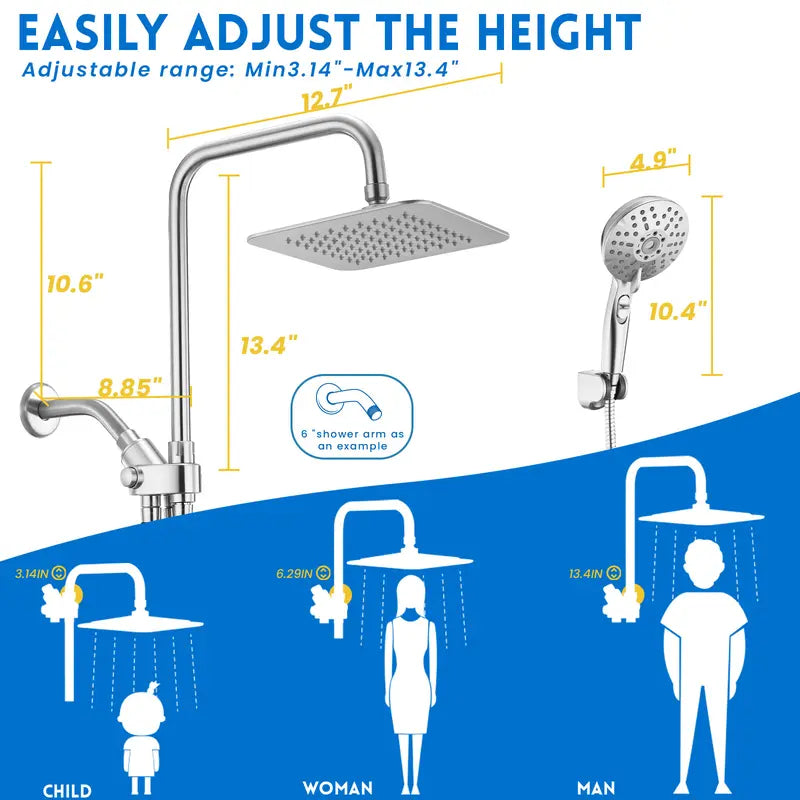 Ryamen Dual Shower Head Combo, 8'' High Pressure Rain/Rainfall Shower Head,5 Settings Adjustable Handheld Showers,With 15" Height Adjustable Slide Bar,Holder/Hose, Angle Adjustable, Chrome