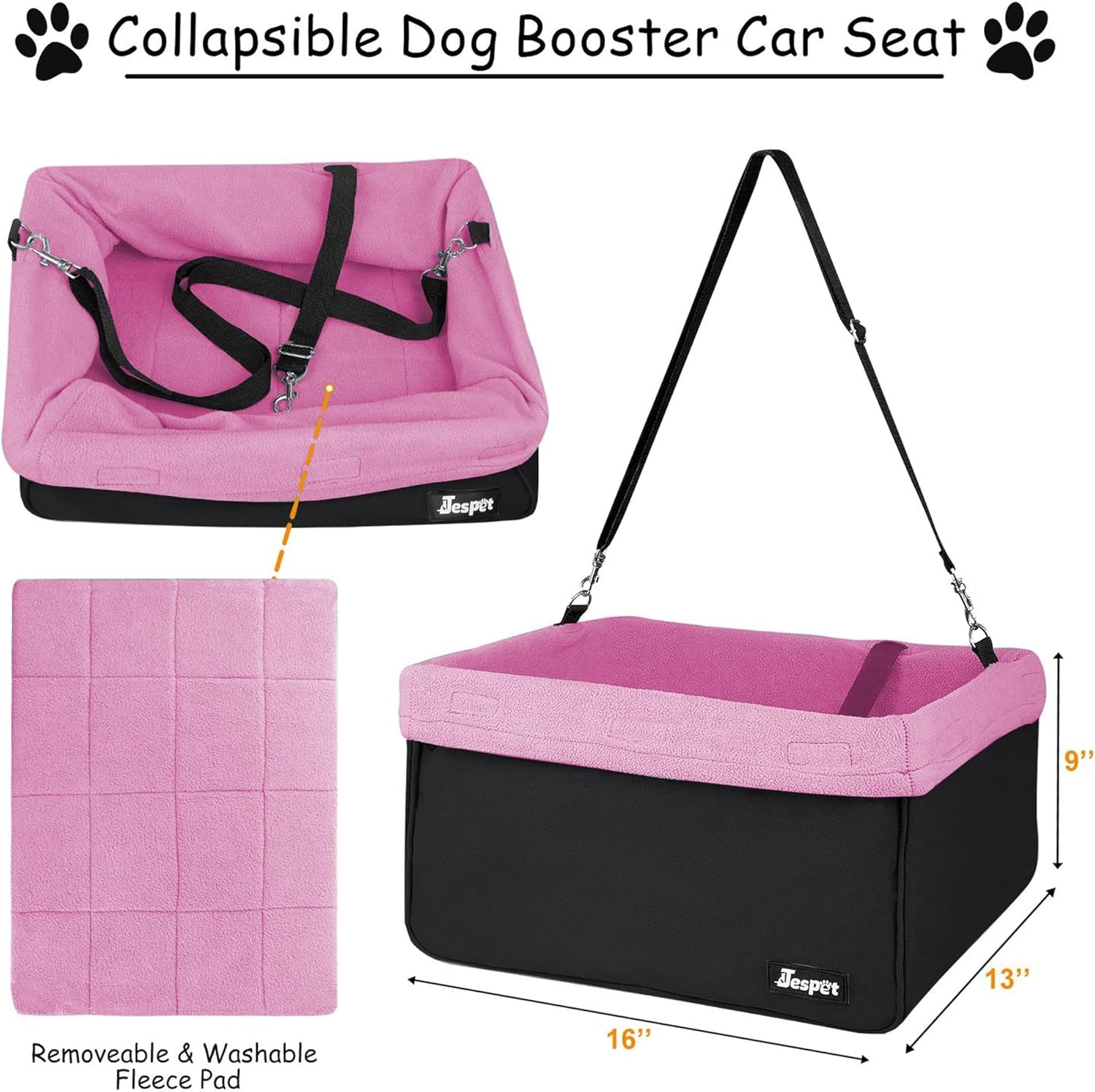 & GOOPAWS Dog Booster Seats for Cars, Portable Dog Car Seat Travel Carrier with Seat Belt for 24Lbs Pets (Pink-16 L X 13" D X 9" H)