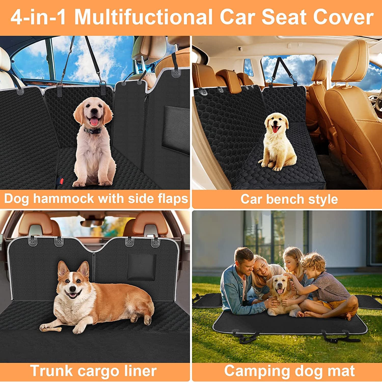 Dog Car Seat Cover for Back Seat, Waterproof Car Seat Protector for Dogs with Side Flaps, Scratchproof Dog Backseat Cover, Durable Nonslip Dog Hammock for Sedans, Trucks, Suvs, Standard