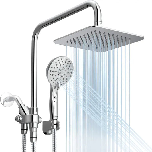 Ryamen Dual Shower Head Combo, 8'' High Pressure Rain/Rainfall Shower Head,5 Settings Adjustable Handheld Showers,With 15" Height Adjustable Slide Bar,Holder/Hose, Angle Adjustable, Chrome