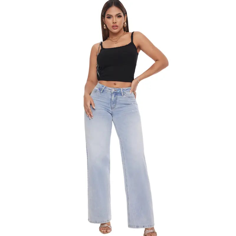 Mid-Low Rise Baggy Jeans Wide Leg for Women Stretchy Baggy Distressed Denim Pants Light Blue Trendy Barrel Elegance Comfortable Womenswear Bottom Spring Retro Casual Elegance Fabric 8001 Underwear Trouser Lady Basic Minimalist