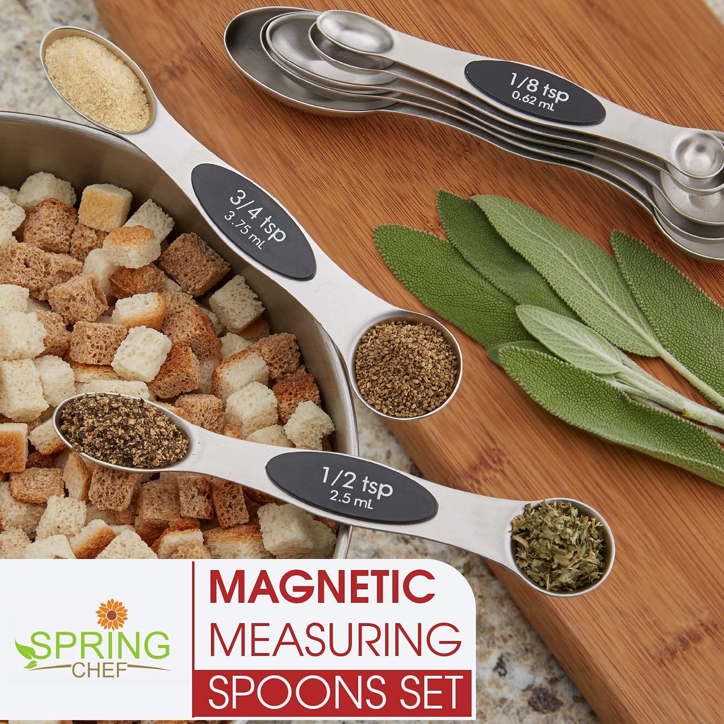 Magnetic Measuring Spoons Set, Dual Sided, Stainless Steel, Fits in Spice Jars, Black, Set of 8