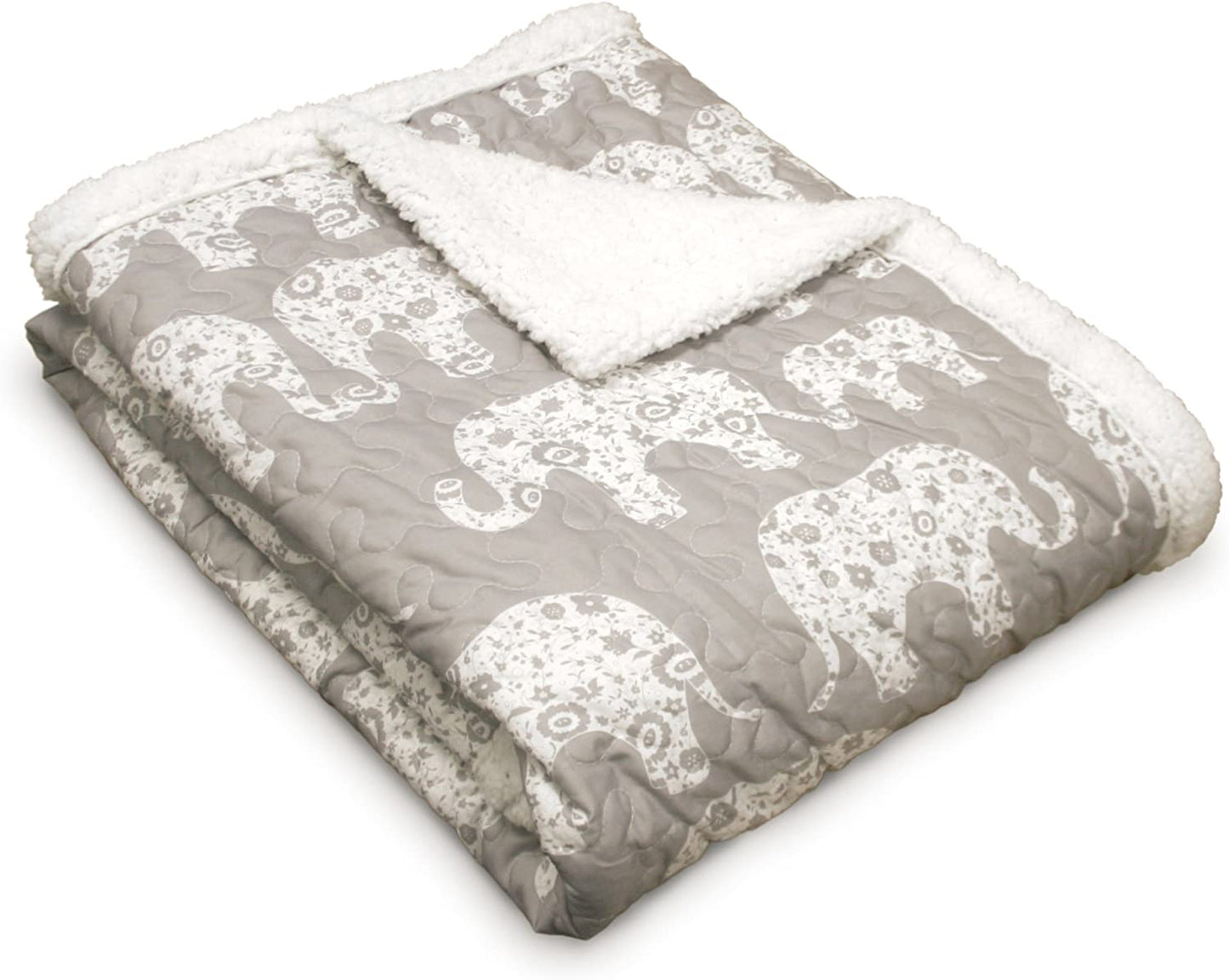 Elephant Parade Throw Fuzzy Reversible Sherpa Blanket, 60” X 50”, Gray & White