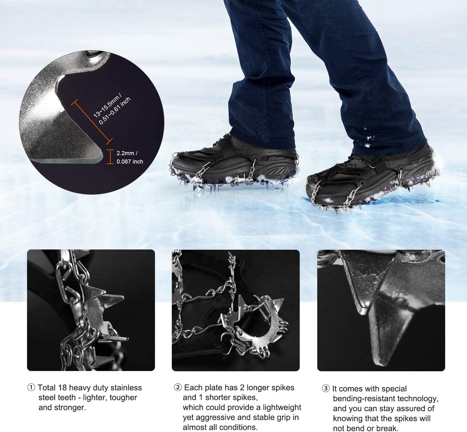 Crampons for Hiking Boots,Traction Ice Cleats Snow Grips with 18 Spikes for Walking, Jogging, Climbing and Hiking