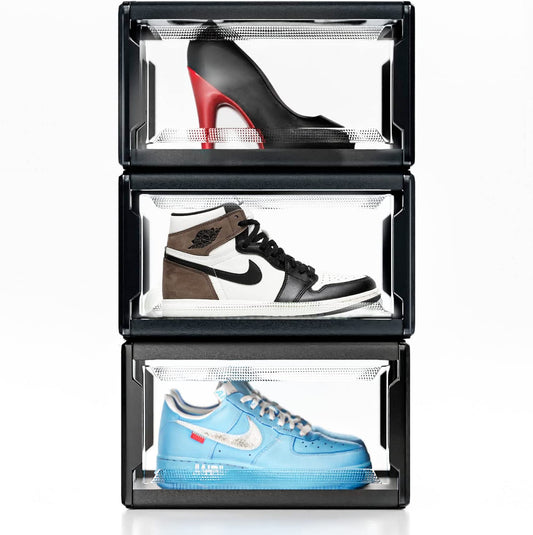 Urban Loft Premium Acrylic Shoe Boxes Stackable,Clear Shoe Organizer for Closet-Pack of 3| Large Sneaker Storage Box | Sneaker Clear Shoe Case for Sneakerheads with Drop Lid Shoe Display Case, Black