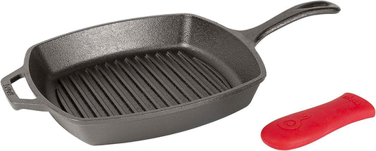 L8SGP3ASHH41B Cast Iron Square Grill Pan with Red Silicone Hot Handle Holder, Pre-Seasoned, 10.5-Inch