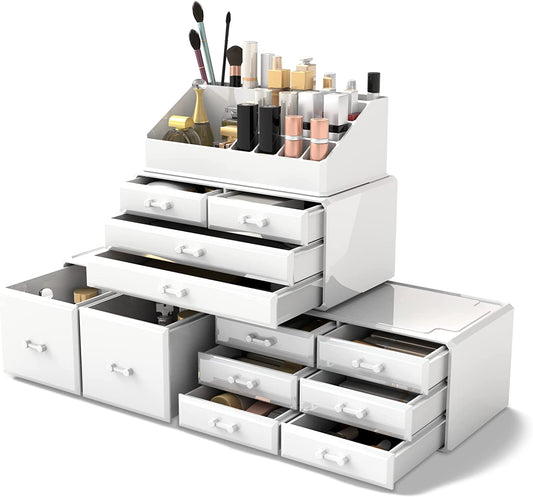 Makeup Cosmetic Organizer Storage Drawers Display Boxes Case with 12 Drawers (White)