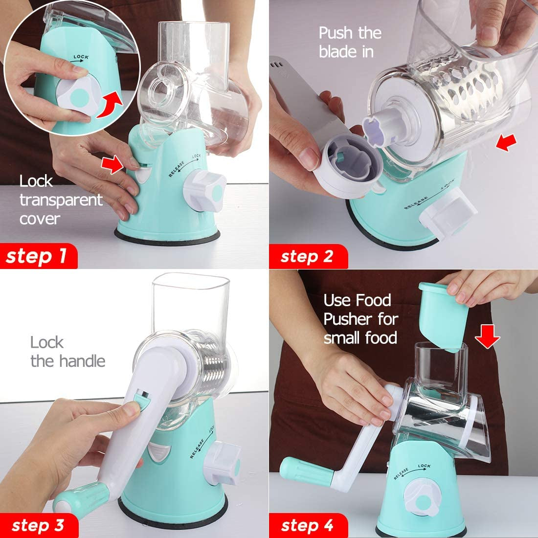 Rotary Cheese Grater 3 Drum Blades Manual Vegetable Slicer Walnuts Grinder Cheese Shredder round Mandoline with Peeler Blue