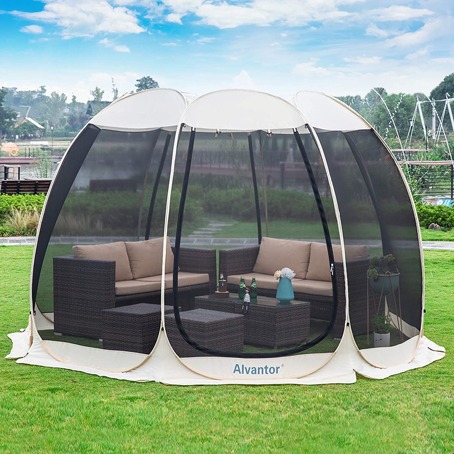 Screen House Room Camping Tent Outdoor Canopy Pop up Sun Shade Hexagon Shelter Mesh Walls Not Waterproof 10'X10' Beige Patent