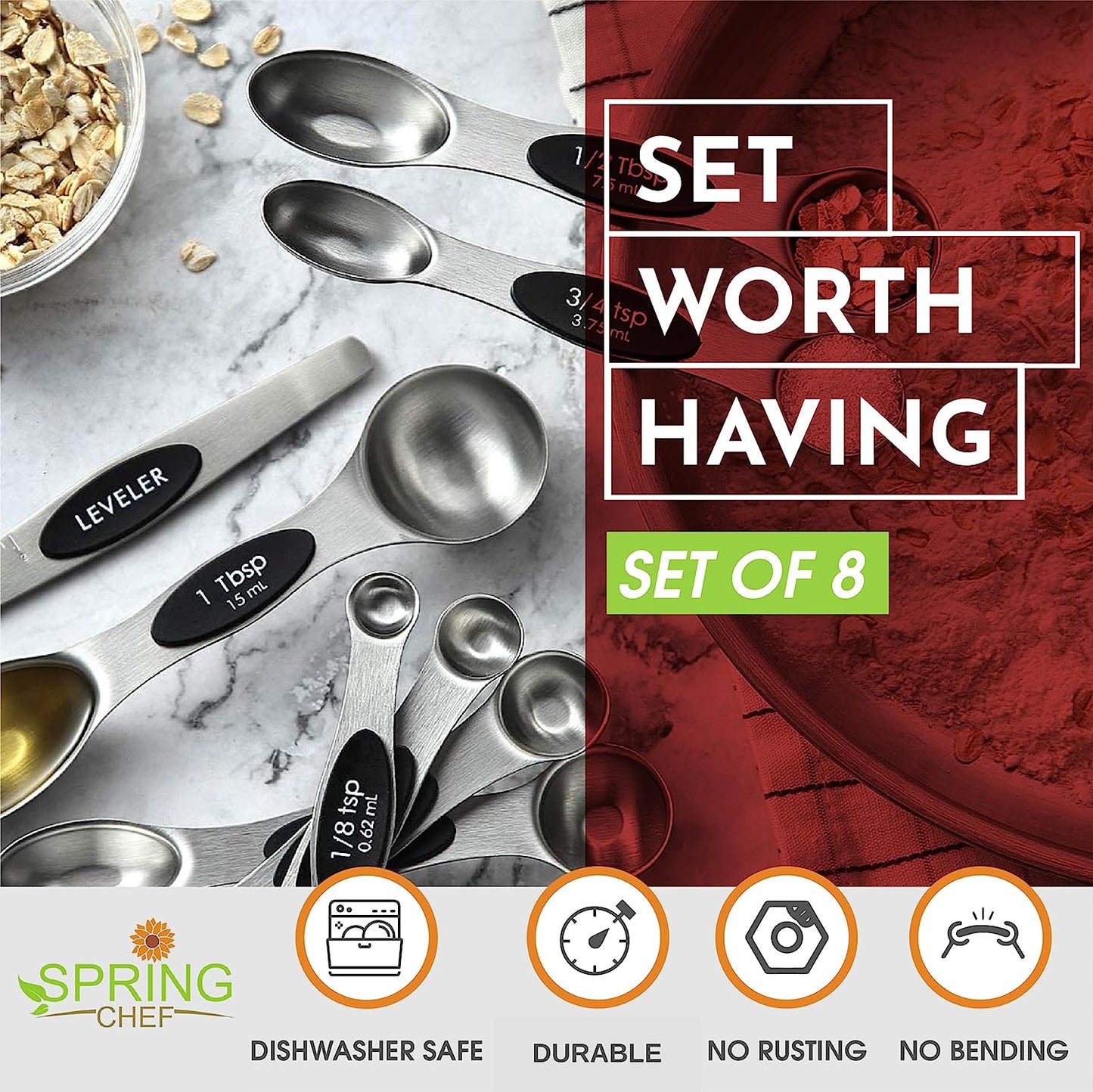 Magnetic Measuring Spoons Set, Dual Sided, Stainless Steel, Fits in Spice Jars, Black, Set of 8