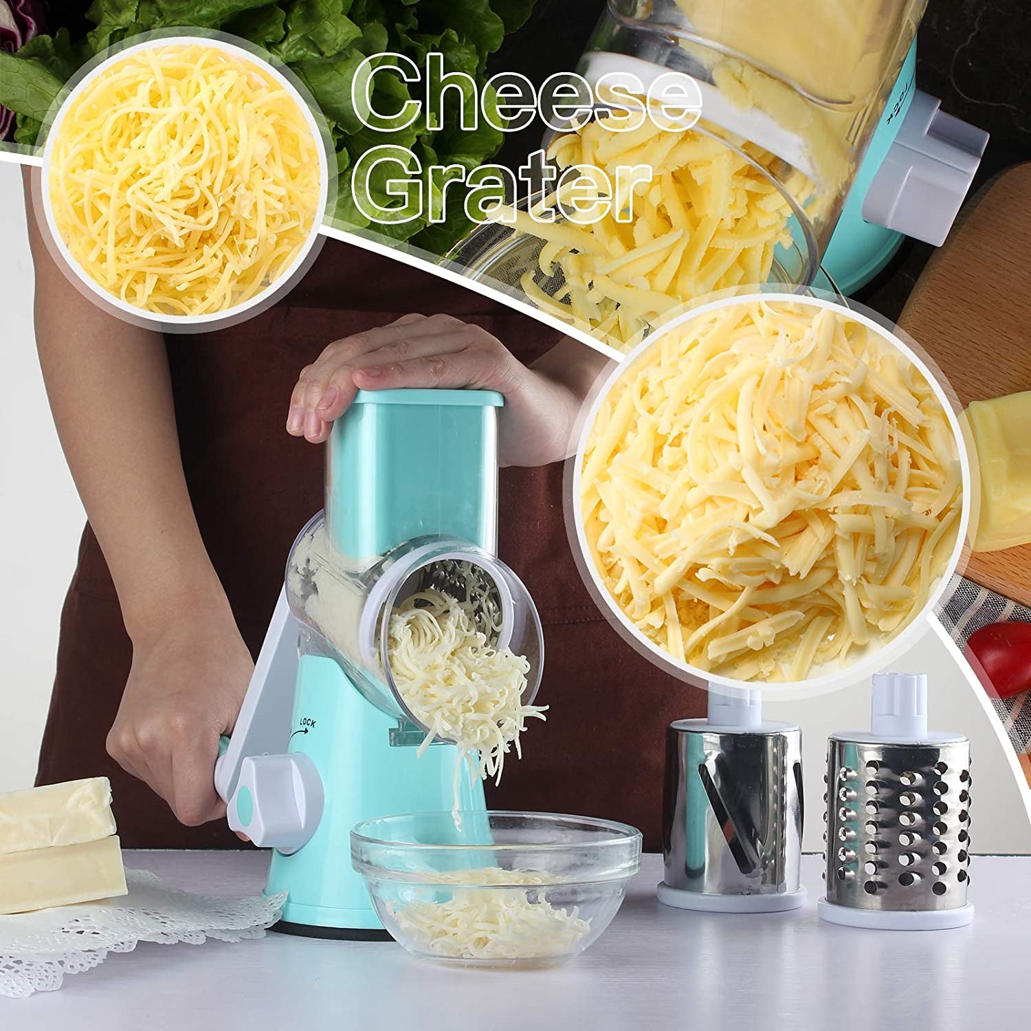 Rotary Cheese Grater 3 Drum Blades Manual Vegetable Slicer Walnuts Grinder Cheese Shredder round Mandoline with Peeler Blue