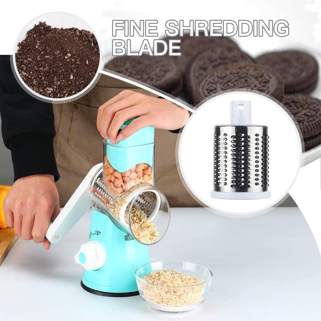 Rotary Cheese Grater 3 Drum Blades Manual Vegetable Slicer Walnuts Grinder Cheese Shredder round Mandoline with Peeler Blue