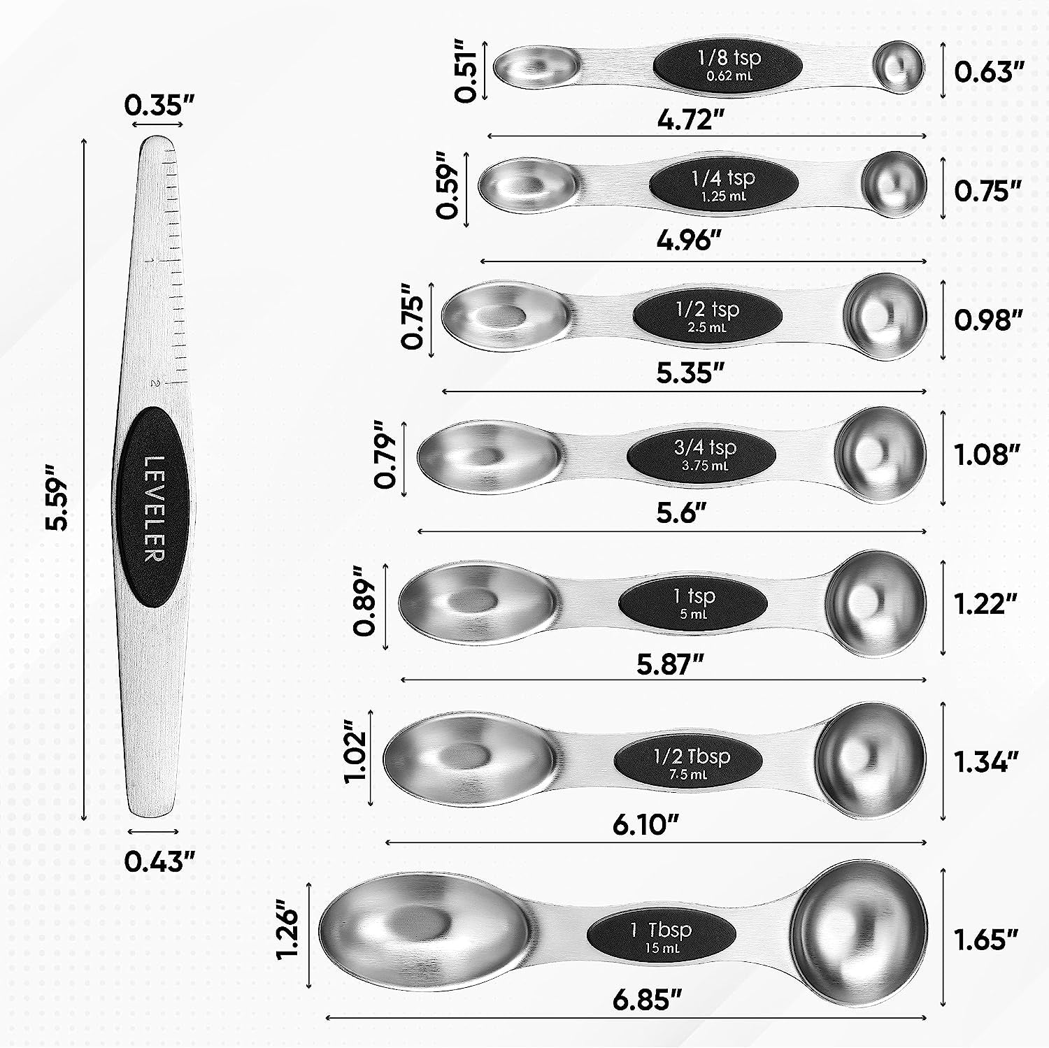 Magnetic Measuring Spoons Set, Dual Sided, Stainless Steel, Fits in Spice Jars, Black, Set of 8