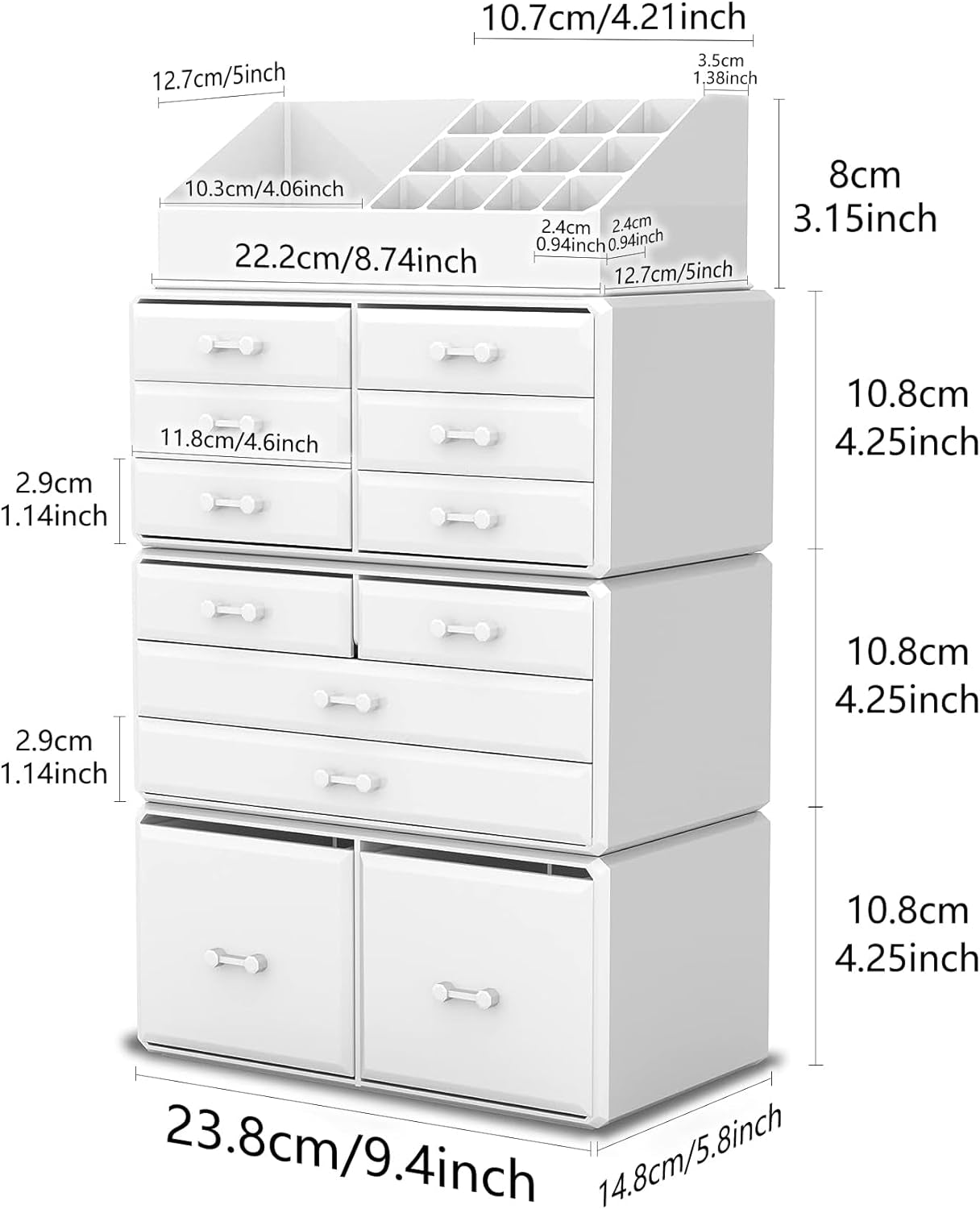 Makeup Cosmetic Organizer Storage Drawers Display Boxes Case with 12 Drawers (White)