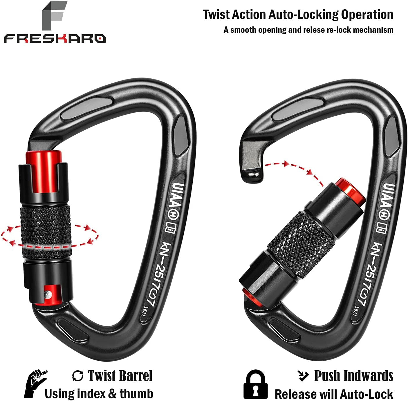 UIAA Certified 25KN Auto Locking Climbing Carabiner Clips, Twist Lock, and Heavy Duty Carabiners for Rock Climbing, Rappelling, and Mountaineering, D Shaped 3.93 Inch, Large Size, Black