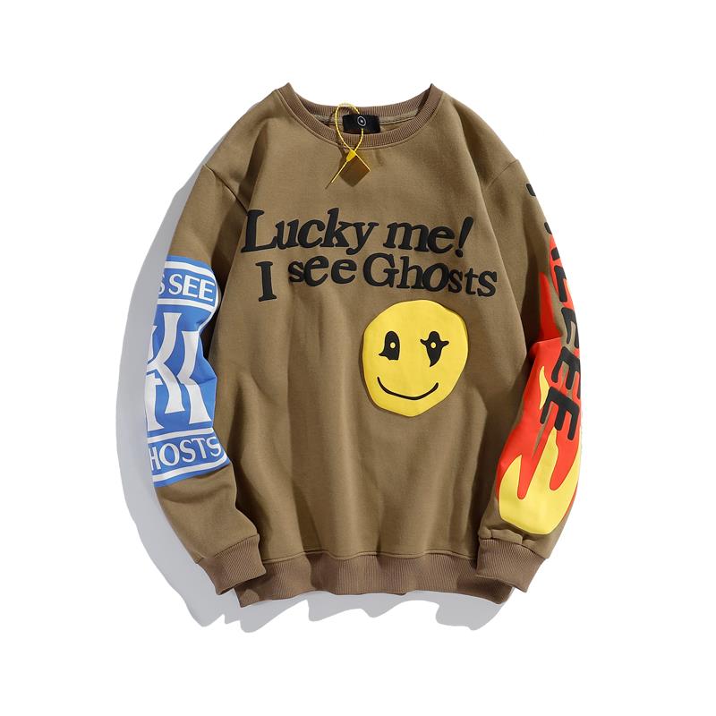 Harajuku Retro Smiley Flame Print Round Neck Sweatshirts Men and Women Plus Velvet Streetwear Fleece Hoodie Pullover