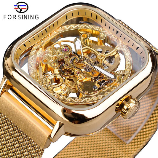 Forsining Golden Men Automatic Watch Square Skeleton Mesh Steel Band Mechanical Business Clock Relogio Masculino Erkek Kol Saati