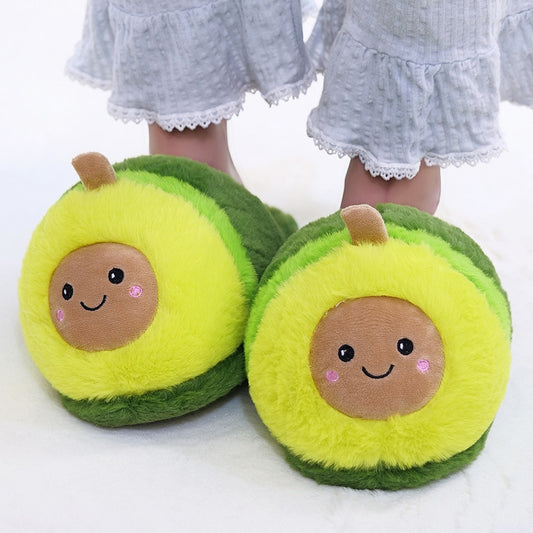 Winter House Women Fur Slippers Cute Cartoon Avocado Design Green Bedroom Ladies Plush Shoes Indoor Girls Warm Slippers