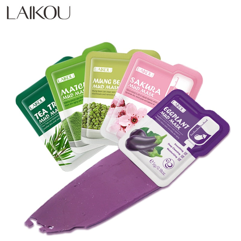 LAIKOU 5pcs Mud Mask Clay Mask Sakura Matcha Eggplant Tea Tree Mung Bean Oil-Control Deep Cleansing Whitening Facial Skin Care