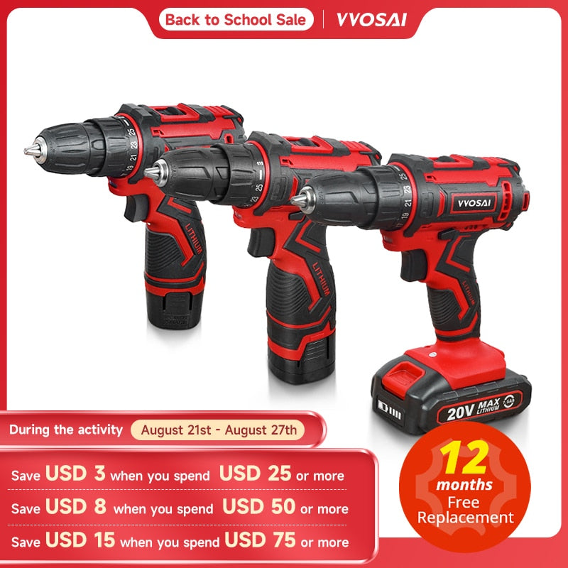 VVOSAI 12V 16V 20V Cordless Drill Electric Screwdriver Mini Wireless Power Driver DC Lithium-Ion Battery 3/8-Inch