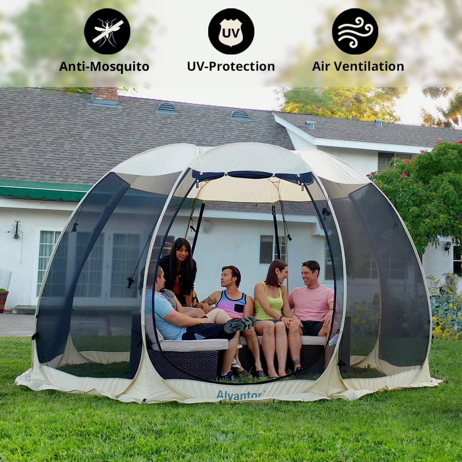 Screen House Room Camping Tent Outdoor Canopy Pop up Sun Shade Shelter 8 Mesh Walls Not Waterproof Beige 12'X12' Patent